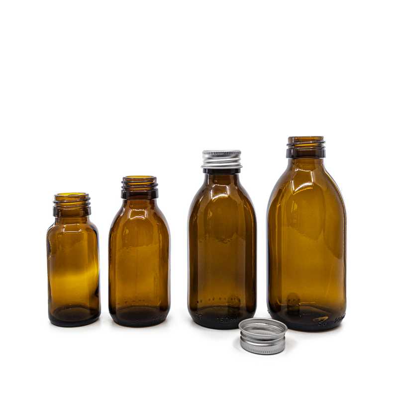 Theglass bottle, called vial, with a volume of 100 ml, is made of thick glass of dark brown colour. It is used for storing liquids, which thanks to its colour i