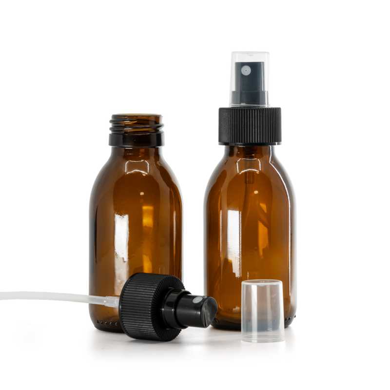 Amber Round Sirup Glass Bottle, PP28, Fine Mist Sprayer, Black, Ribbed Collar, 28/410, 100 ml