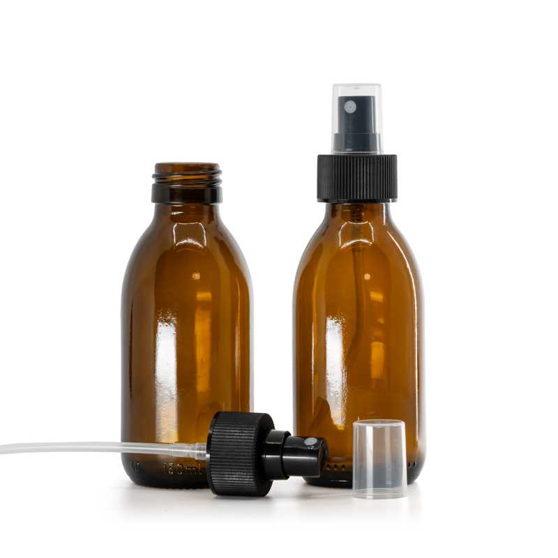 Amber Round Sirup Glass Bottle, PP28, Fine Mist Sprayer, Black, Ribbed Collar, 28/410, 150 ml