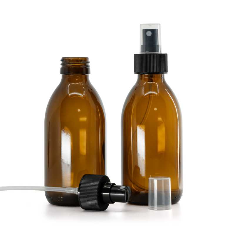 Amber Round Sirup Glass Bottle, PP28, Fine Mist Sprayer, Black, Ribbed Collar, 28/410, 200 ml