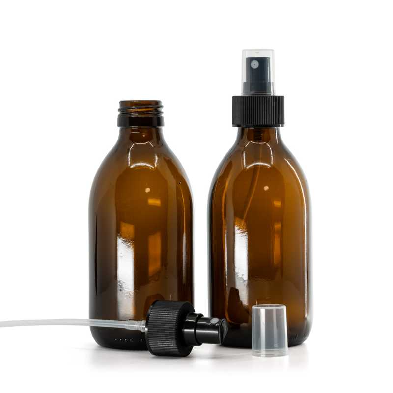 Amber Round Sirup Glass Bottle, PP28, Fine Mist Sprayer, Black, Ribbed Collar, 28/410, 250 ml