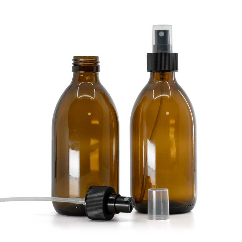 Amber Round Sirup Glass Bottle, PP28, Fine Mist Sprayer, Black, Ribbed Collar, 28/410, 300 ml