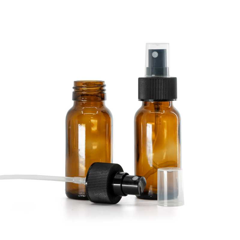 Amber Round Sirup Glass Bottle, PP28, Fine Mist Sprayer, Black, Ribbed Collar, 28/410, 50 ml