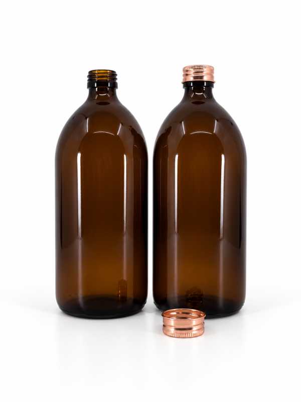 Amber Round Sirup Glass Bottle, Rose Gold Aluminium Cap, 1 l