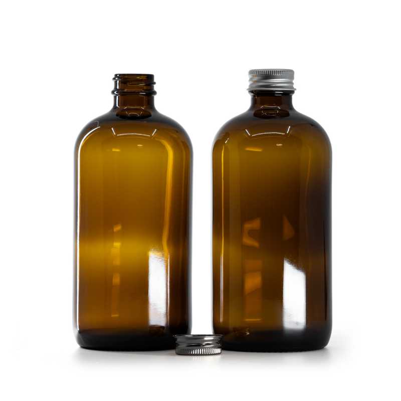 Amber Round Boston Glass Bottle, Silver Aluminium Cap, 480 ml