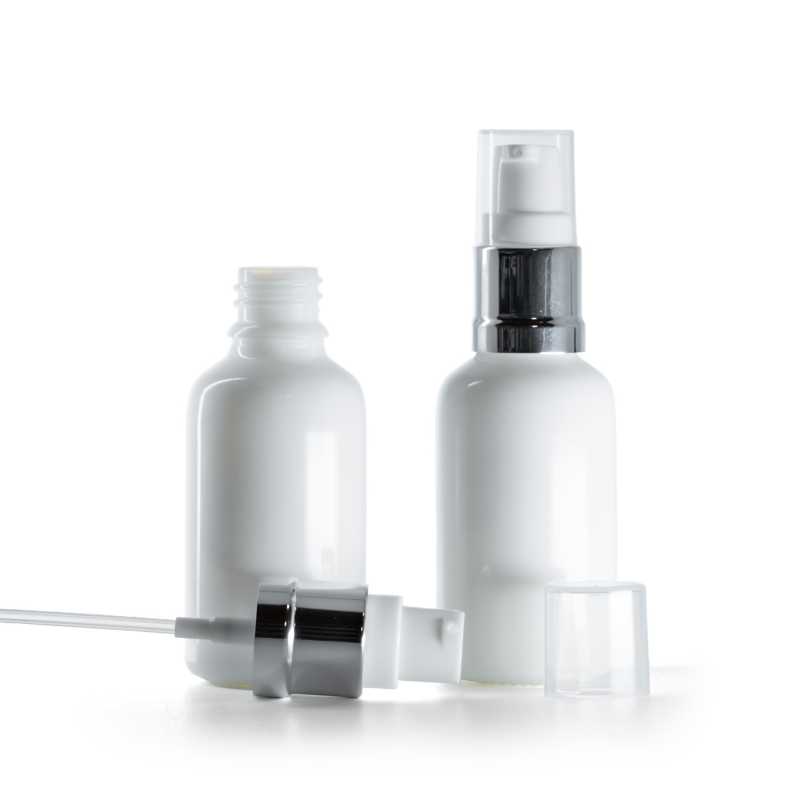 White Glass Bottle, Glossy Silver White Pump, 30 ml