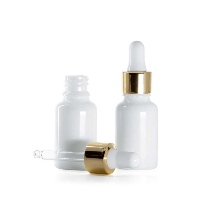 White Glass Bottle, Gold White Dropper, 15 ml