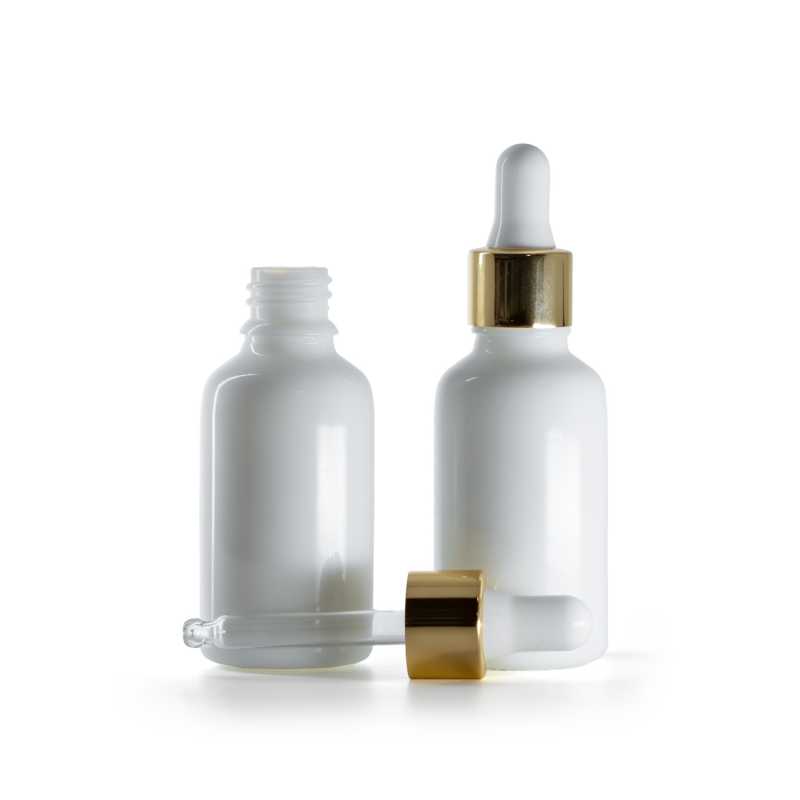 White Glass Bottle, Gold White Dropper, 30 ml