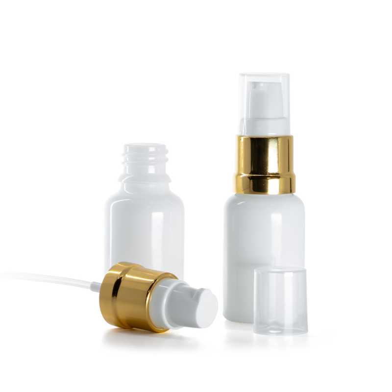 White Glass Bottle, Glossy Golden White Pump, 15 ml