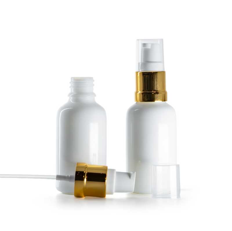 White Glass Bottle, Glossy Golden White Pump, 30 ml