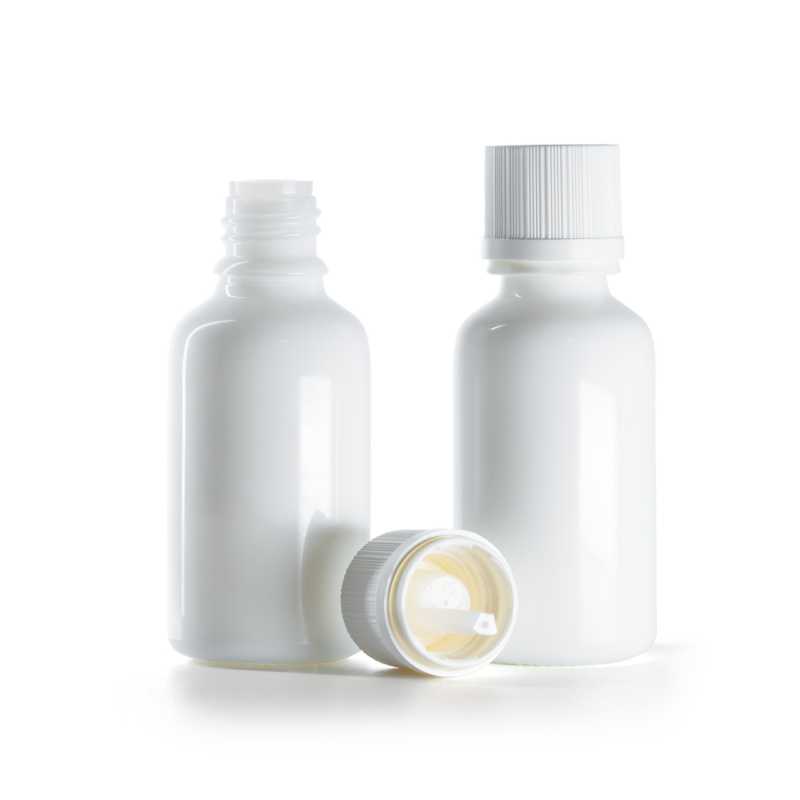 White Glass Bottle, White Tamper Evident Safety Cap & Dropper, 30 ml