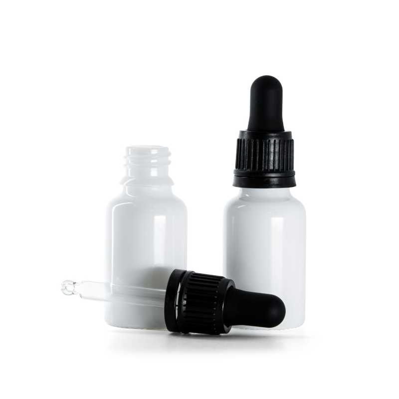 White Glass Bottle, Black Tamper Evident Dropper, 15 ml