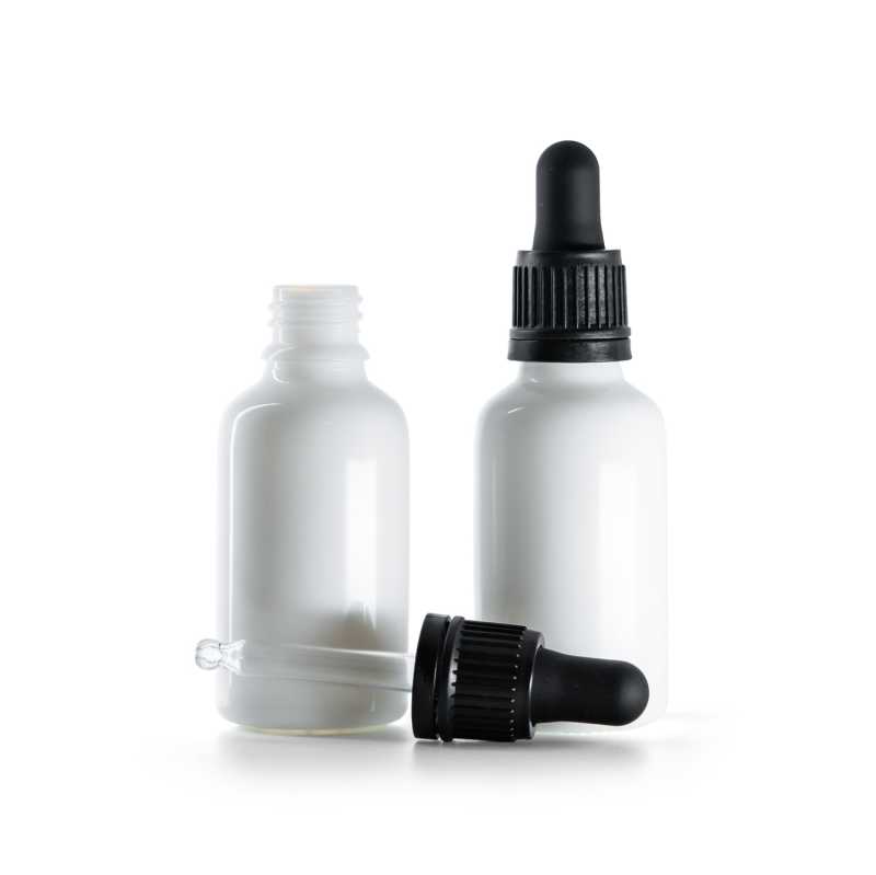 White Glass Bottle, Black Tamper Evident Dropper, 30 ml