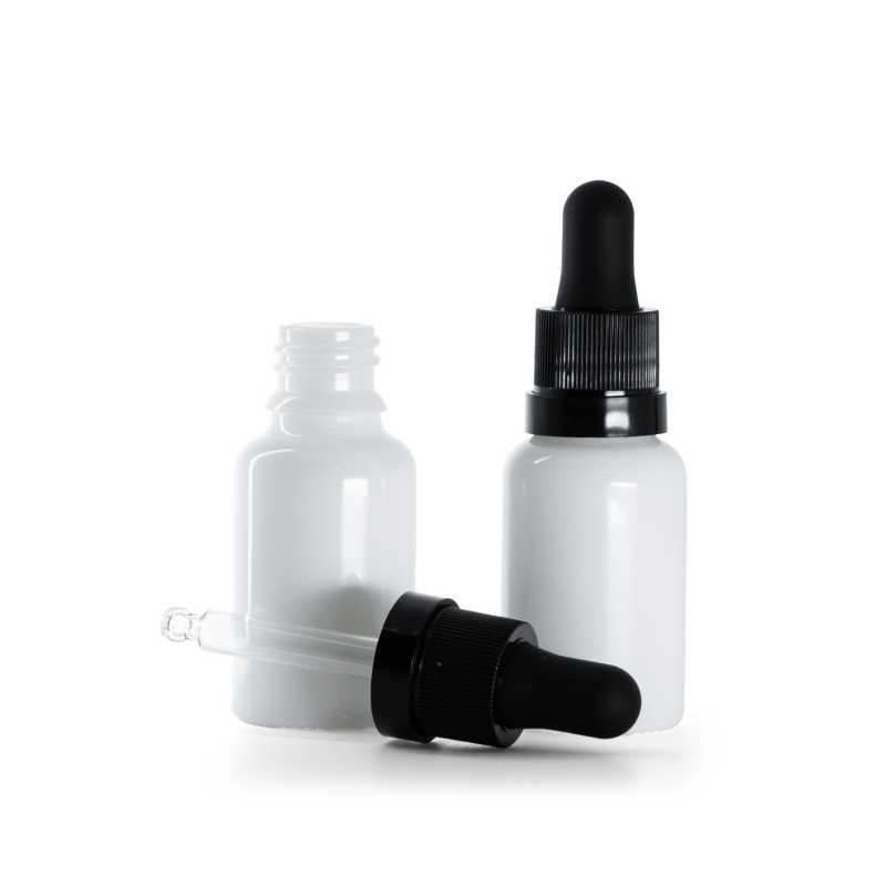 White Glass Bottle, Matte Black Dropper With Shiny Strip, 15 ml