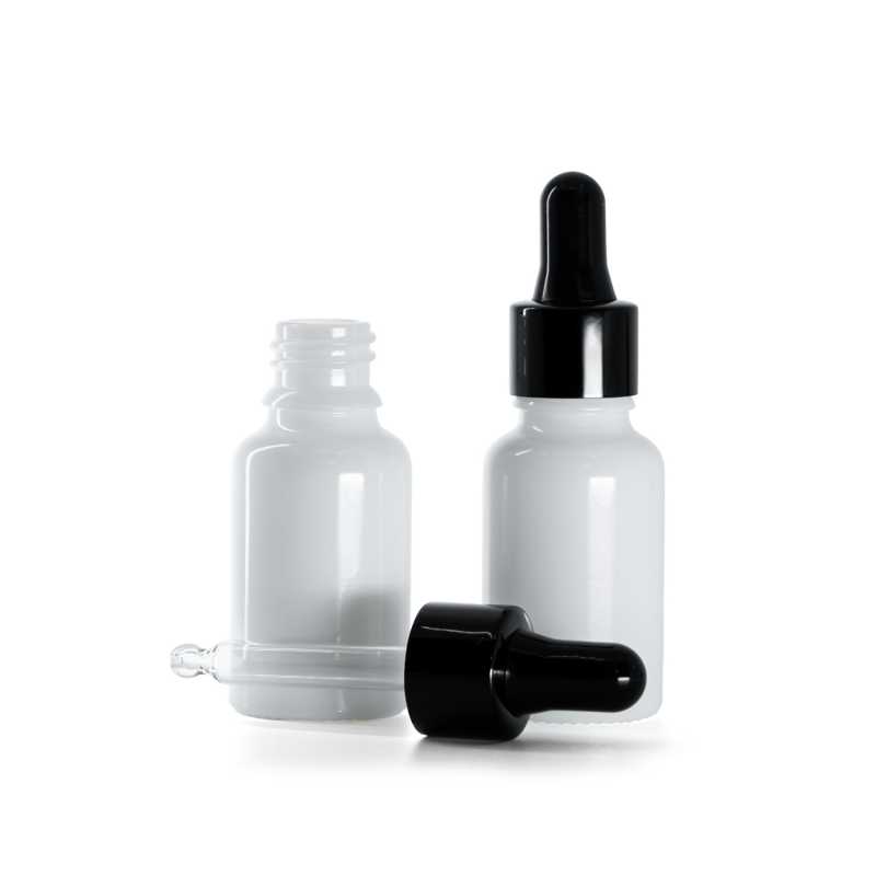 White Glass Bottle, Glossy Black Dropper, 15 ml