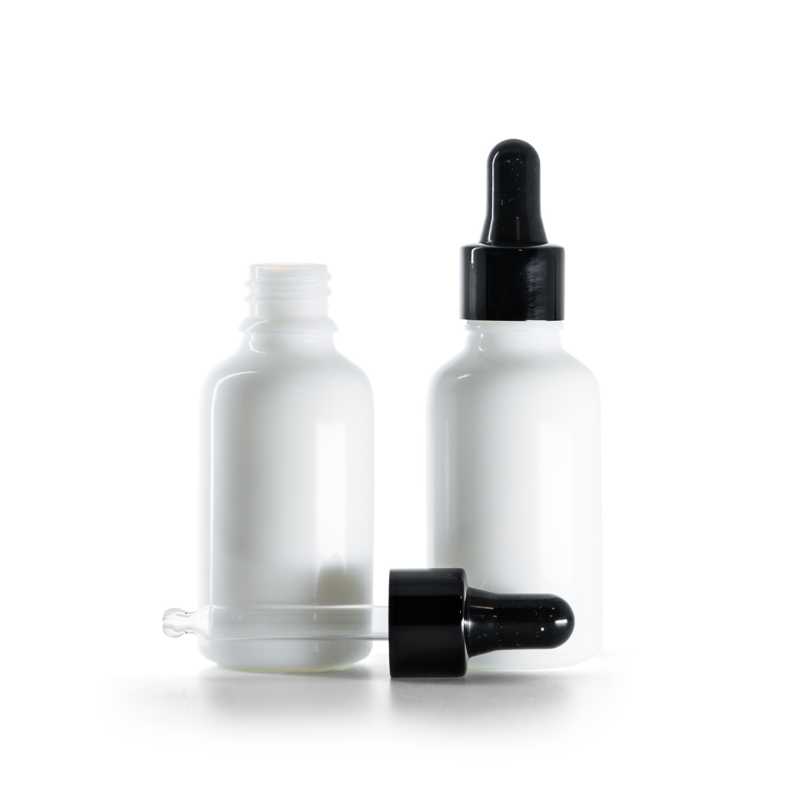 White Glass Bottle, Gloss Black Dropper, 30 ml