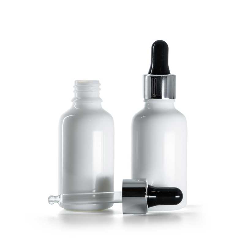 White Glass Bottle, Glossy Silver Black Dropper, 30 ml