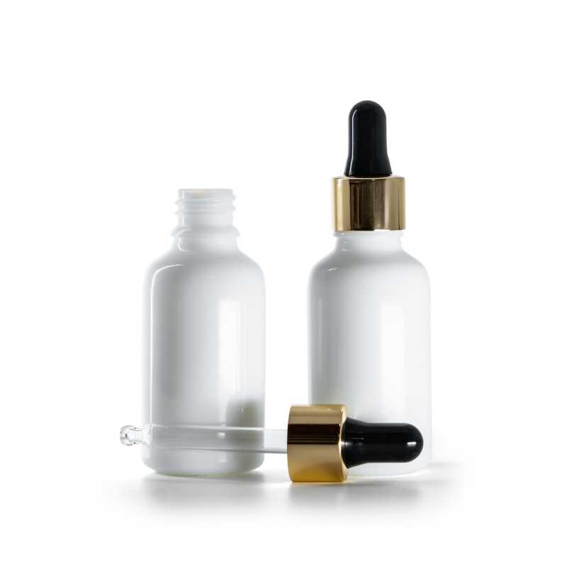 White Glass Bottle, Gold Black Dropper, 30 ml