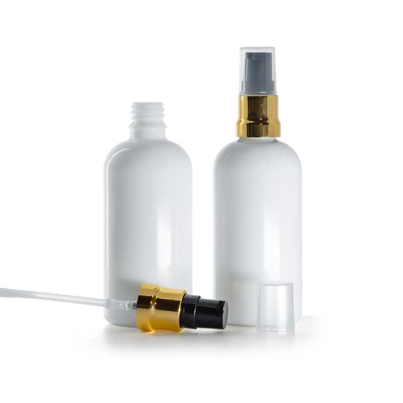 White Glass Bottle, Glossy Gold Black Pump With Clear Overcap, 100 ml