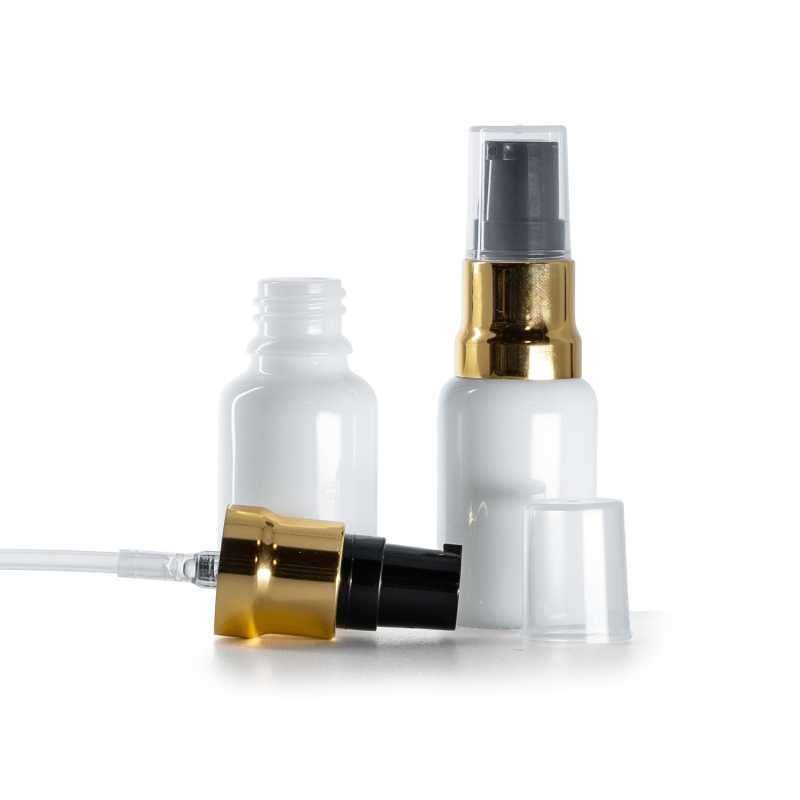 White Glass Bottle, Glossy Gold Black Pump With Clear Overcap, 15 ml