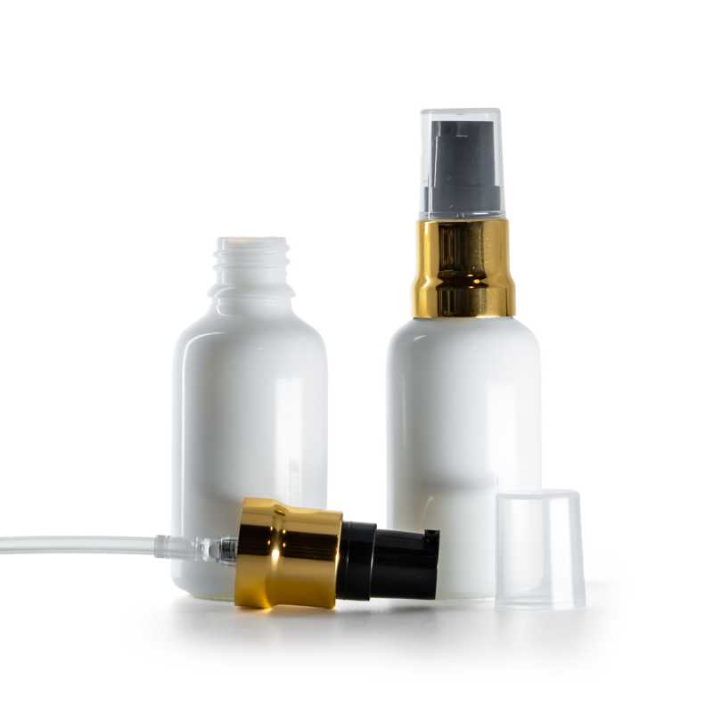 White Glass Bottle, Glossy Gold Black Pump With Clear Overcap, 30 ml