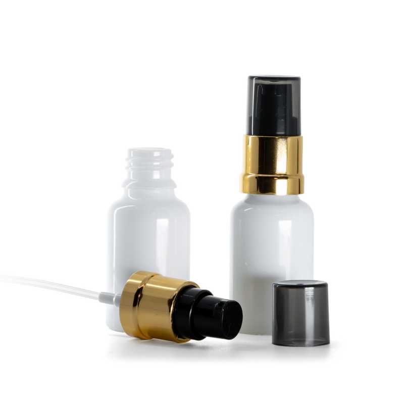 White Glass Bottle, Glossy Golden Black Pump, 15 ml