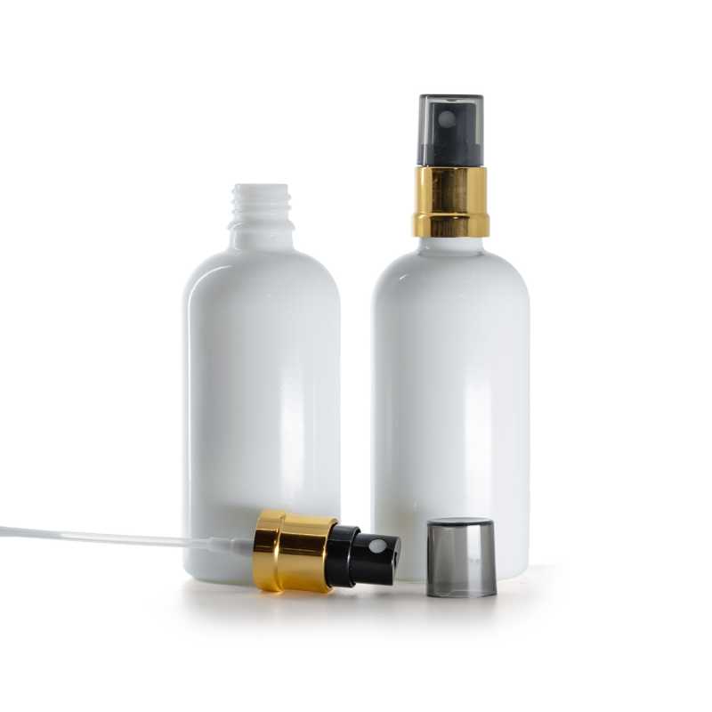 White Glass Bottle, Shiny Golden Black Sprayer, Smoky Overcap, 100 ml