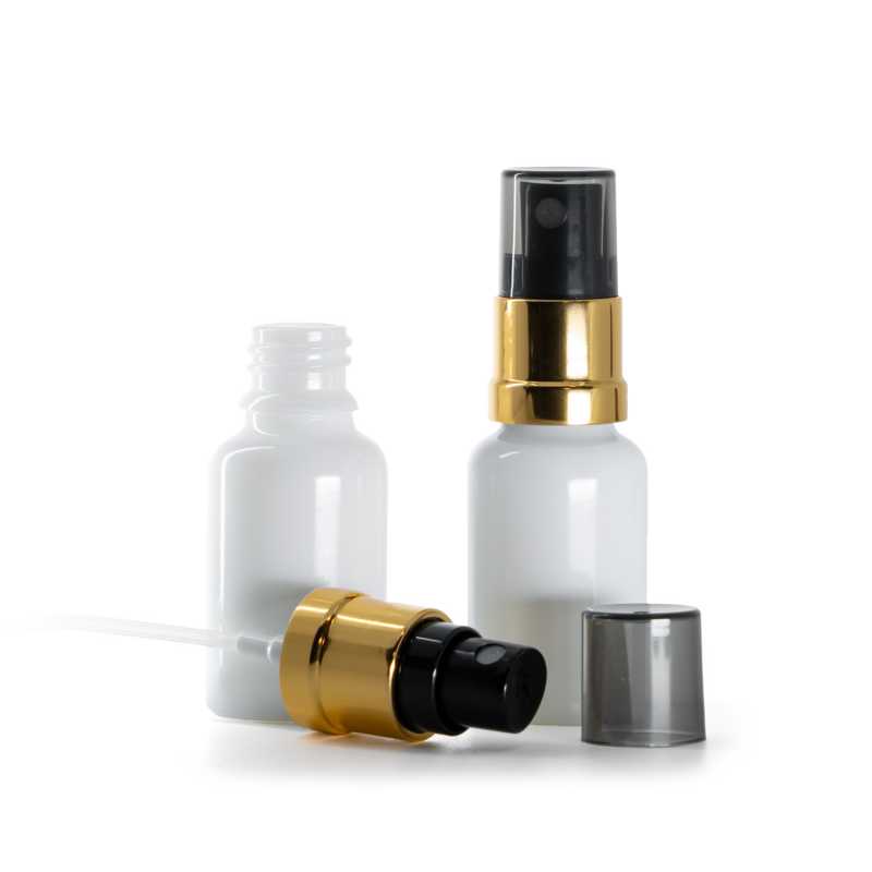White Glass Bottle, Glossy Gold Black Spray, Smokey Overcap, 15 ml
