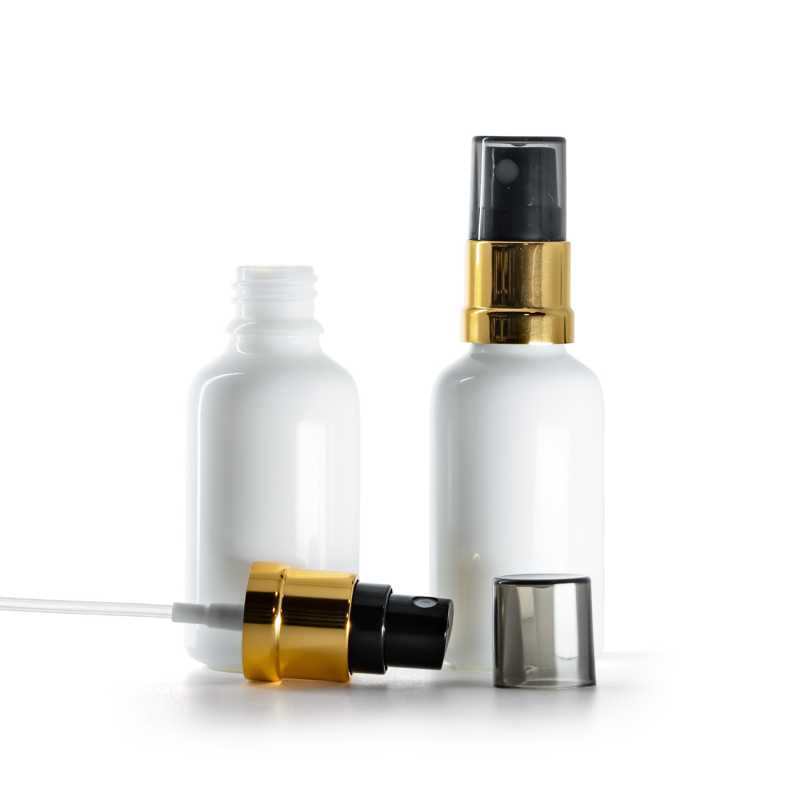 White Glass Bottle, Glossy Gold Black Spray, Smokey Overcap, 30 ml