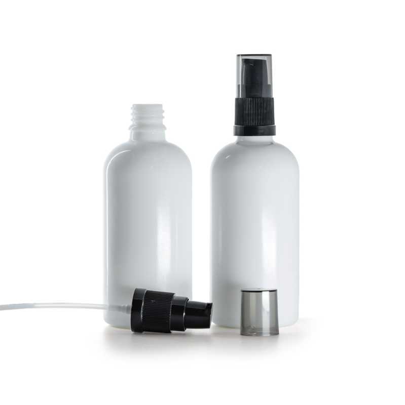 White Glass Bottle, Black Lotion Pump with Smoky Overcap, 100 ml