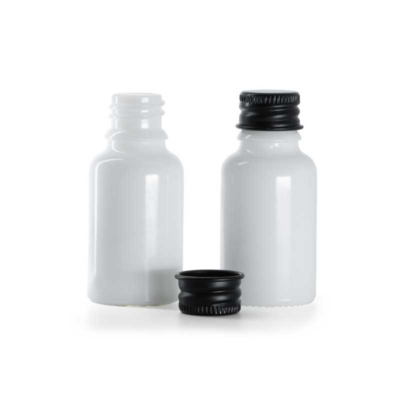 White Glass Bottle, Black Aluminium Cap, 15 ml