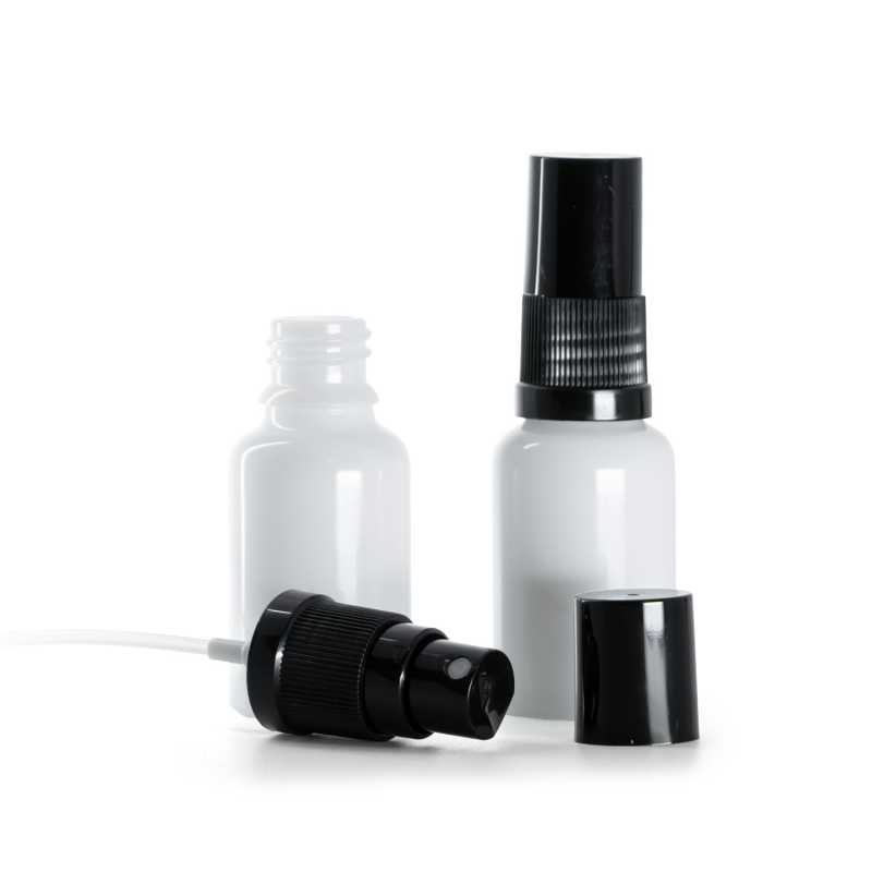 White Glass Bottle, Black Fine Mist Sprayer, Black Overcap, 15 ml