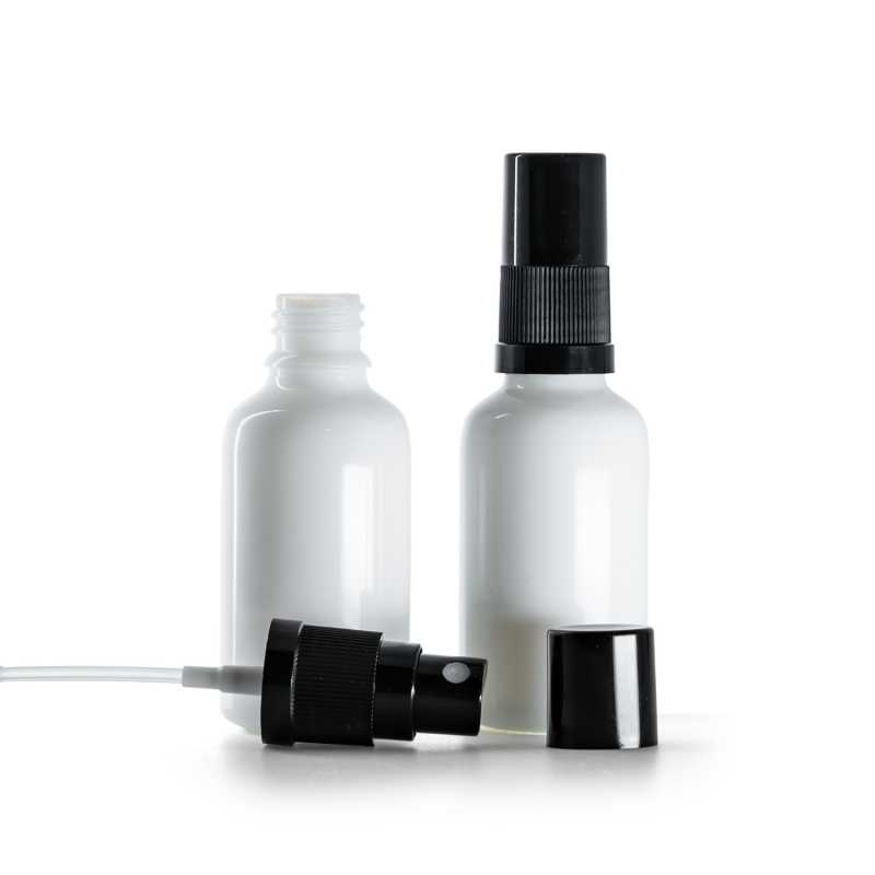 White Glass Bottle, Black Fine Mist Sprayer, Black Overcap, 30 ml