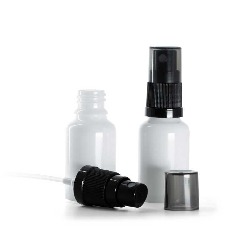 White Glass Bottle, Black Fine Mist Sprayer, Smoky Overcap, 15 ml