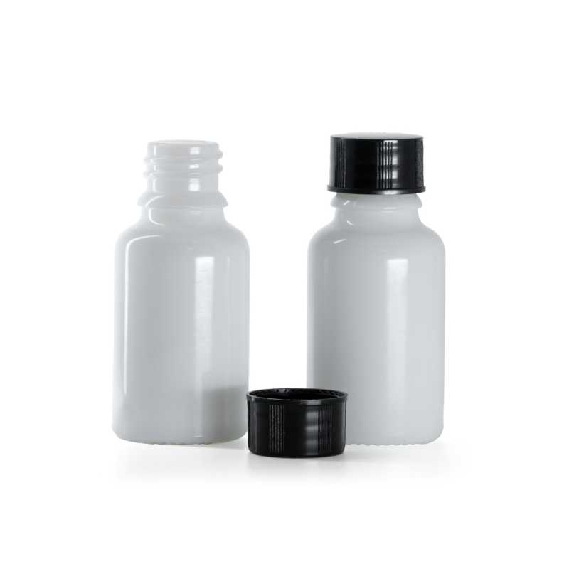 White Glass Bottle, Black Cap, 15 ml