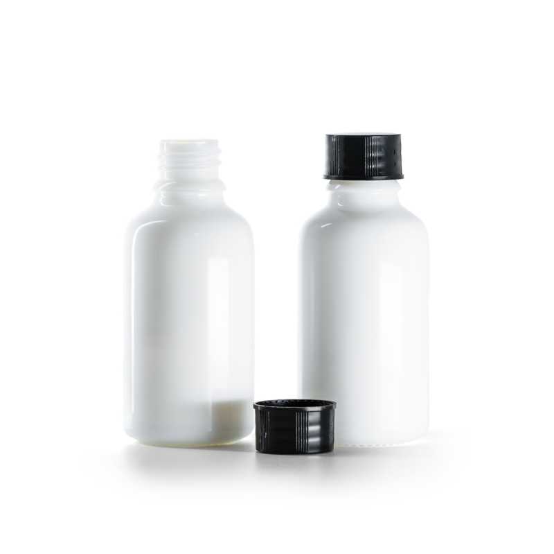 White Glass Bottle, Black Cap, 30 ml