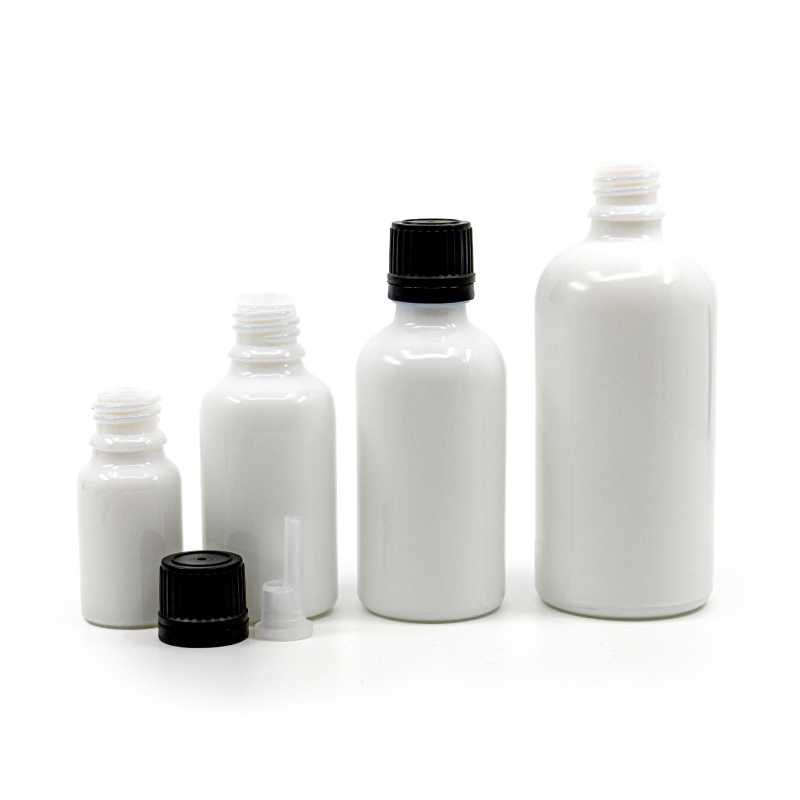 The white glass bottle, the so-called vial, is made of thick glass. It is used for storing liquids.Volume: 100 mlBottle height: 112 mmBottle diameter: 44,5 mmDi