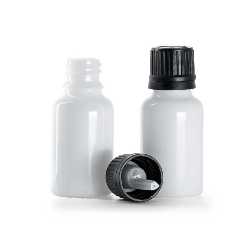 White Glass Bottle, Black Cap & Dropper 15 ml