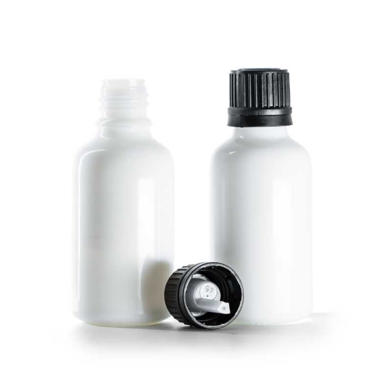 White Glass Bottle, Black Cap & Dropper, 30 ml