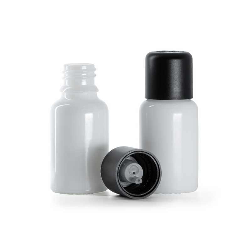 White Glass Bottle, Black Tamper Evident Safety Cap & Dropper 15 ml