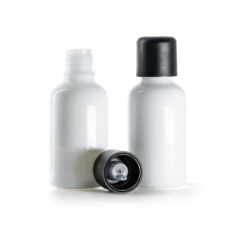White Glass Bottle, Black Tamper Evident Safety Cap & Dropper, 30 ml