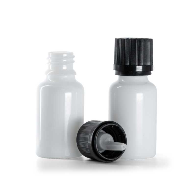 White Glass Bottle, Black Safety Cap & Dropper 15 ml