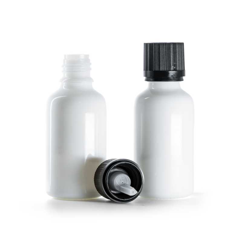White Glass Bottle, Black Safety Cap & Dropper, 30 ml