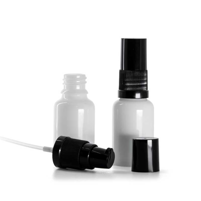 White Glass Bottle, Black Lotion Pump with Black Overcap, 15 ml