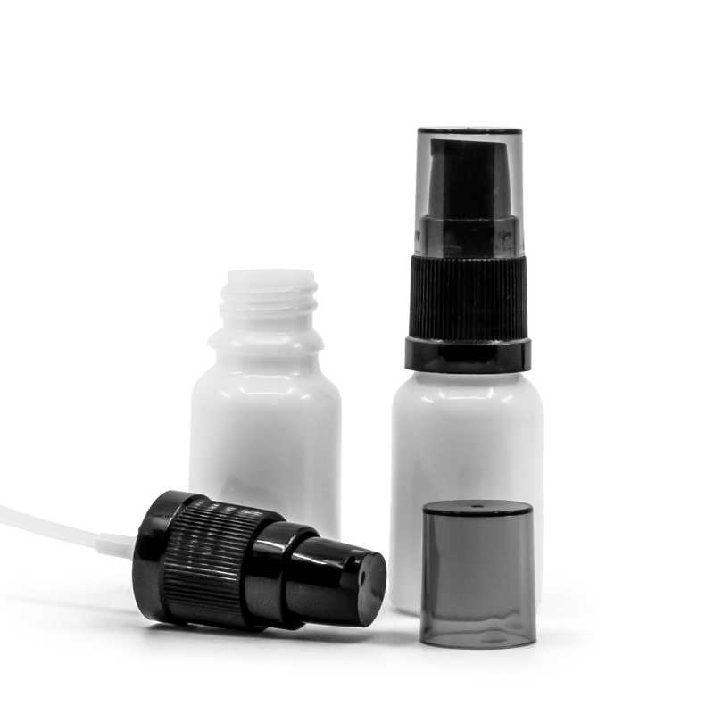 White Glass Bottle, Black Lotion Pump with Smoky Overcap, 10 ml