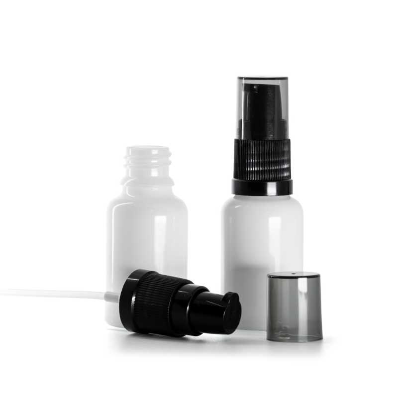 White Glass Bottle, Black Lotion Pump with Smoky Overcap, 15 ml