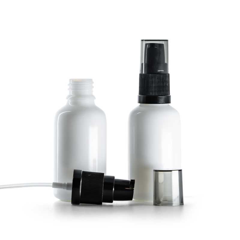 White Glass Bottle, Lotion Pump with Smoky Overcap, 30 ml