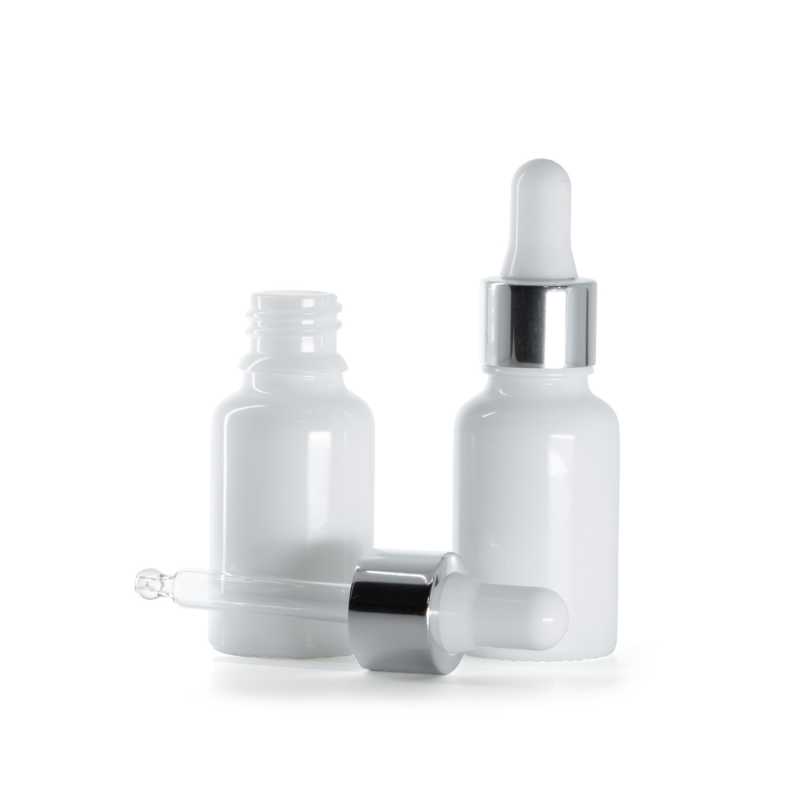White Glass Bottle, Glossy Silver White Dropper, 15 ml