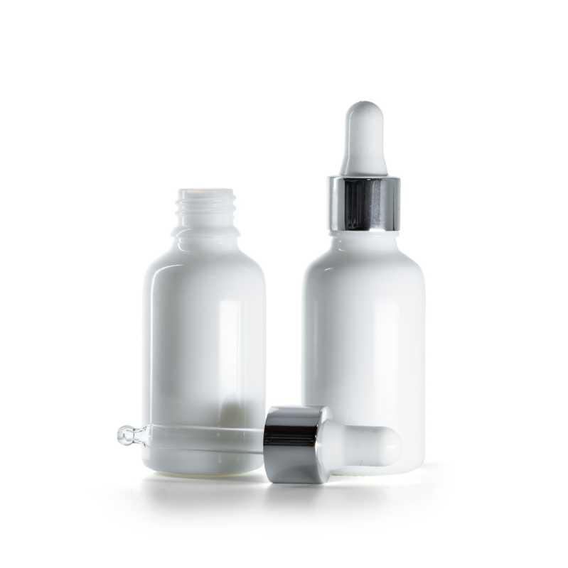 White Glass Bottle, Glossy Silver White Dropper, 30 ml