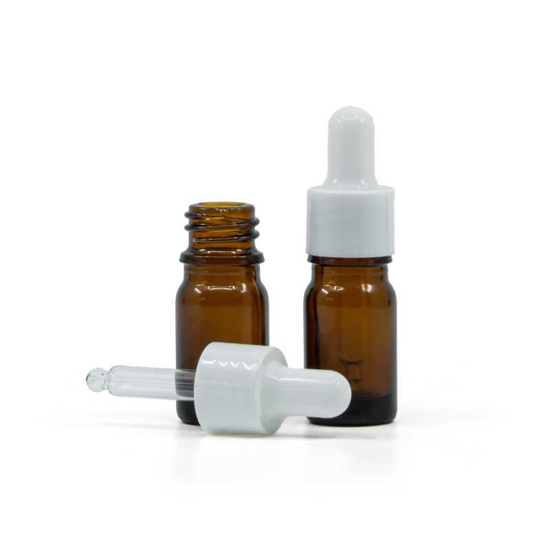 Amber Glass Bottle, Glossy White Dropper, 5 ml